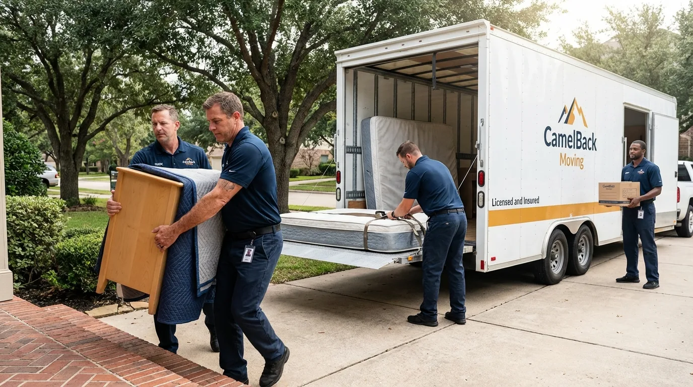 Crew loading residential truck for cross-state move from Iowa, LA