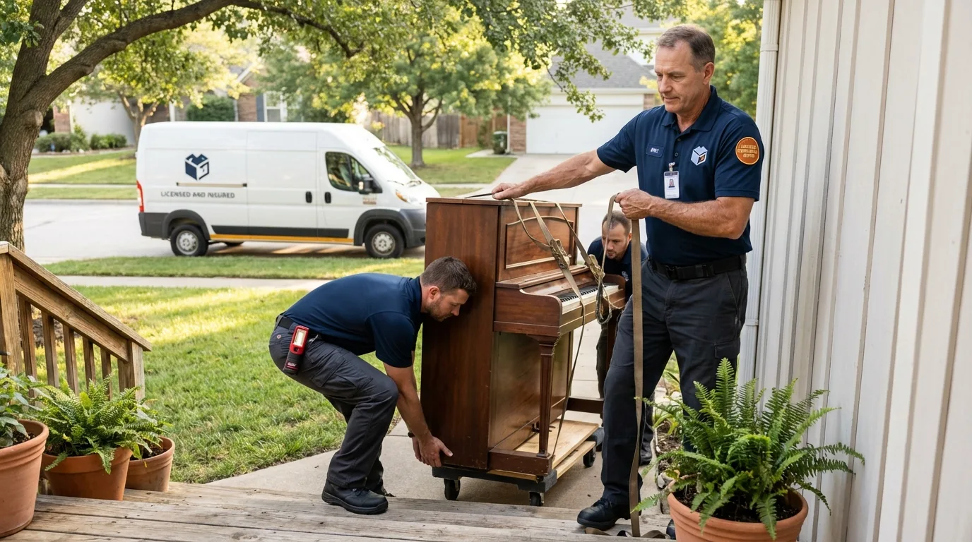 Licensed piano movers securing grand piano in Iowa, LA