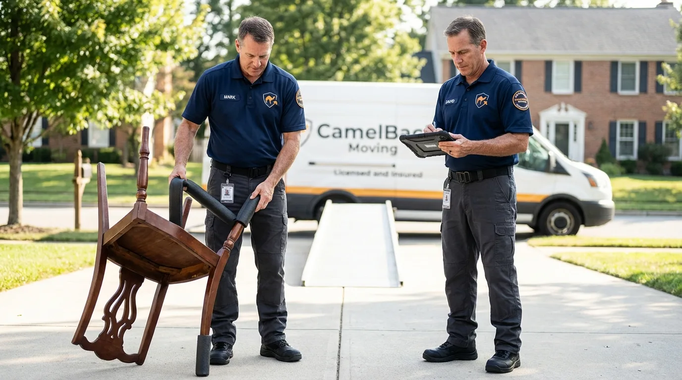 Movers inspecting furniture for damage prevention before loading in Iowa, LA