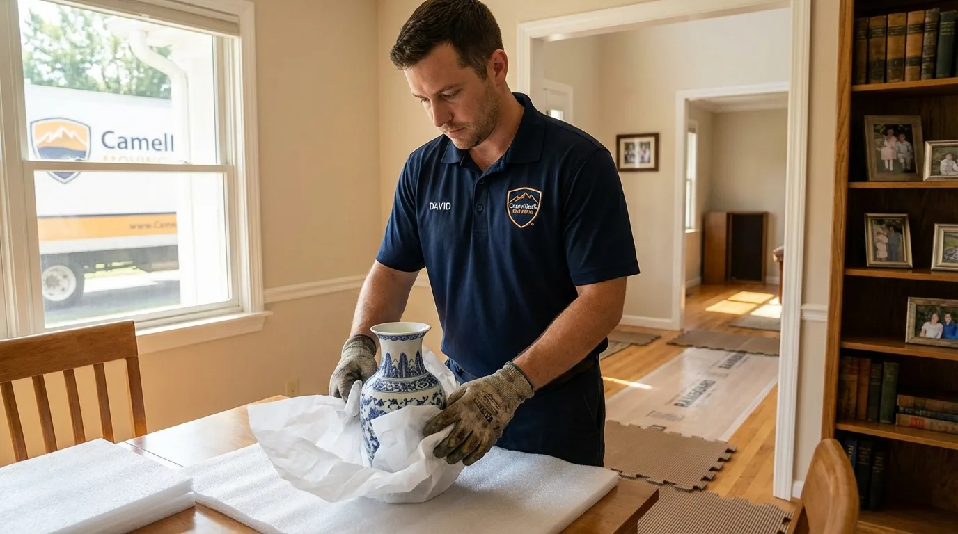 Professional crew carefully wrapping antique vase for senior downsizing move in Iowa, LA